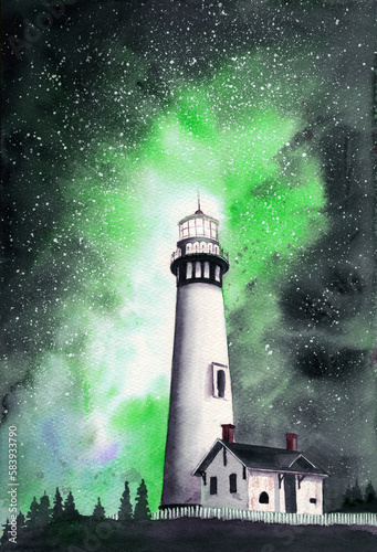 Watercolor illustration of a lighthouse on the hill at night with beautiful starry sky on the background
