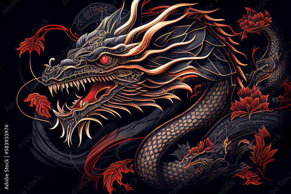 Chinese New Year. Dragon. Dragon with landscape in the background. Year of the Dragon. Asia. Anime. Tatoo