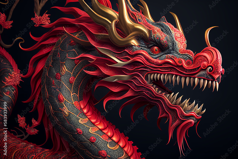 Chinese New Year. Dragon. Dragon with landscape in the background. Year of the Dragon. Asia. Anime. Tatoo