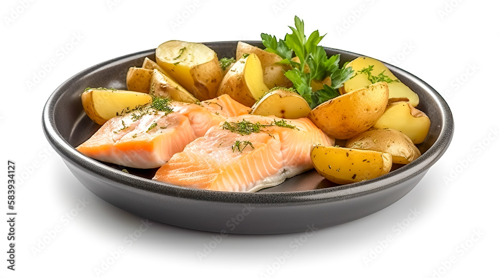 Poke bowl with salmon on white background. Generative AI Poke bowl with salmon on white background. Generative AI