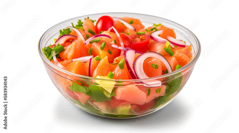 Poke bowl with salmon on white background. Generative AI Poke bowl with salmon on white background. Generative AI