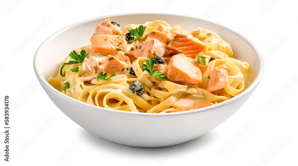 Poke bowl with salmon on white background. Generative AI Poke bowl with salmon on white background. Generative AI