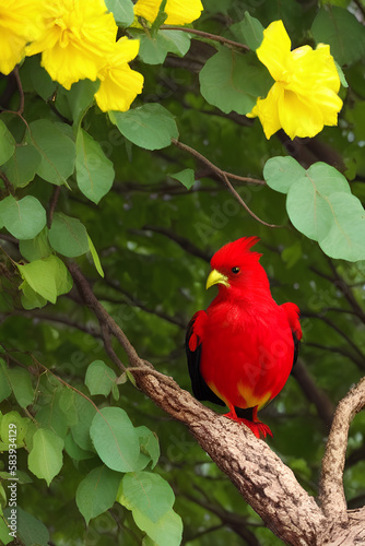 Cute Red Bird On A Flower Tree created with generative AI technology