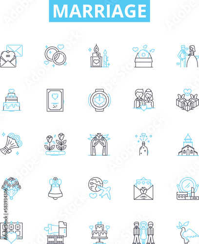 Marriage vector line icons set. Marriage, Wedlock, Union, Nuptials, Matrimony, Bond, Pledge illustration outline concept symbols and signs