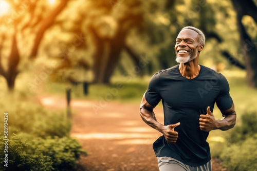 Happy jogging outrdoor african-american old man. Lifestyle illustration. Generative AI.