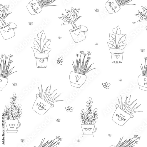 Seamless pattern of cheerful kawaii black and white house plants.