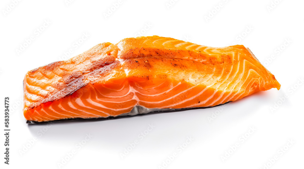 Salmon roast steak isolated on white background. Cooked salmon fillet. Generative AI Salmon roast steak isolated on white background. Cooked salmon fillet. Generative AI