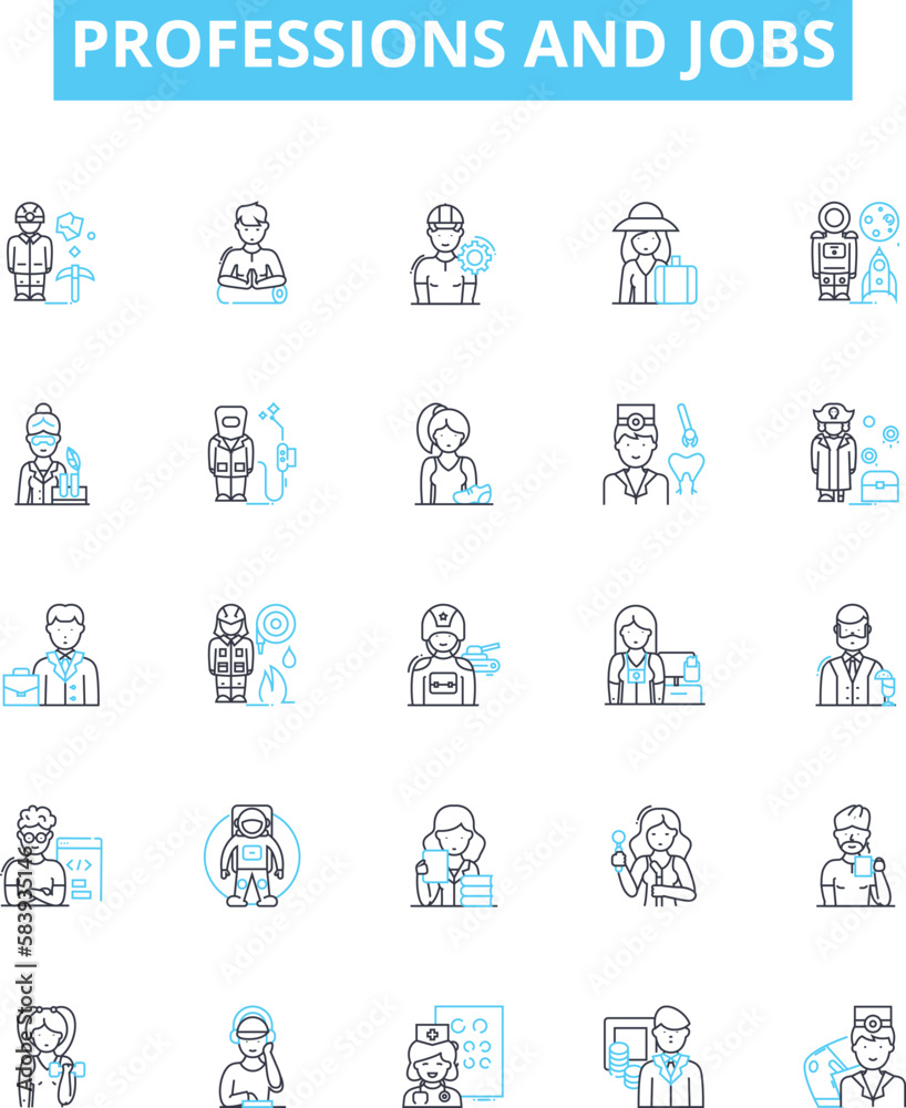 Professions and jobs vector line icons set. Carpenter, Plumber, Mechanic, Teacher, Scientist, Pilot, Chef illustration outline concept symbols and signs