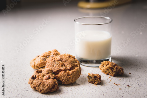 Glass of milk and chocolate chip cookies, breakfast ideas