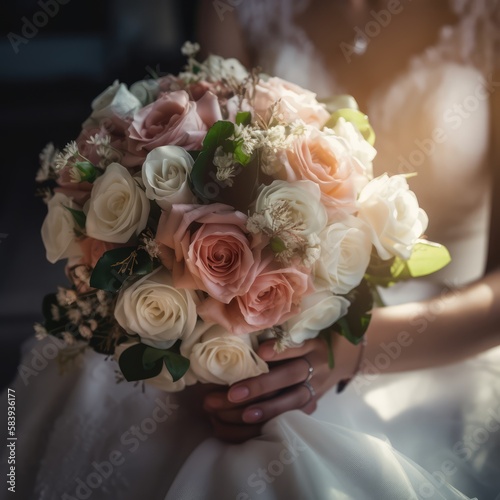 Beutiful bridal bouquet of flowers in a brids hands, made with generated ai photo
