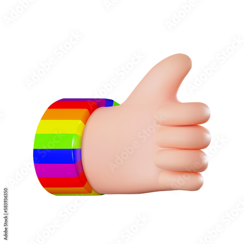 render of hand with thumb up, like gesture, with rainbow bracelet. lgbt. vector illustration in 3d style