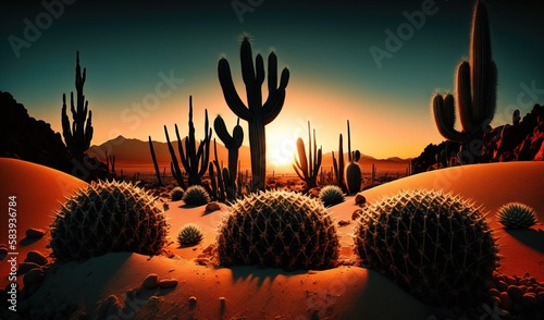  a desert scene with cactus plants and a setting sun in the distance with a dark sky in the background and a few clouds in the sky. generative ai