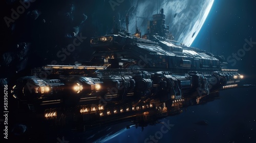Fototapeta Naklejka Na Ścianę i Meble -  Big spaceship in deep space, made with generated ai