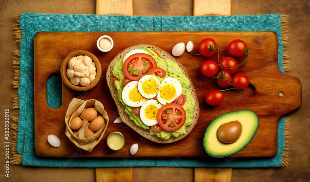 a wooden cutting board topped with an avocado and eggs. generative ai a wooden cutting board topped with an avocado and eggs. generative ai