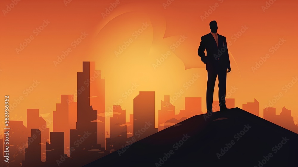 Businessman standing victoriously atop a mountain peak, embaodying vision, leadership, and success. Overcoming obstacles, he achieves goals with determination and motivation. Generative AI