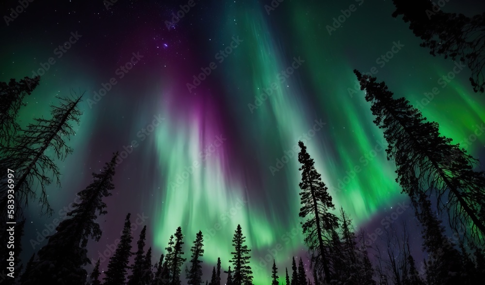  a green and purple aurora bore in the night sky above a forest of trees and a star filled sky with stars and a few stars.  generative ai