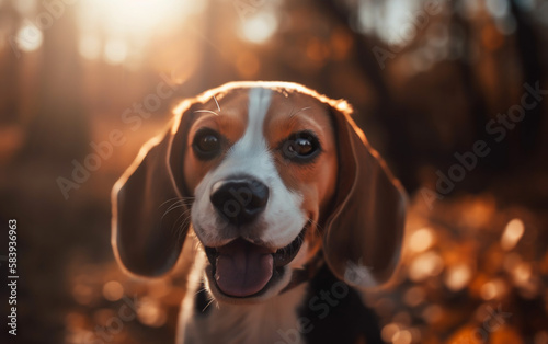 Cute and alert Beagle dog in a park with autumn colors and soft evening light. Close up portrait with shallow field of view and bokeh. Illustrative Generative AI. © henjon