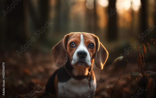 Cute and alert Beagle dog in a park with autumn colors and soft evening light. Close up portrait with shallow field of view and bokeh. Illustrative Generative AI. © henjon