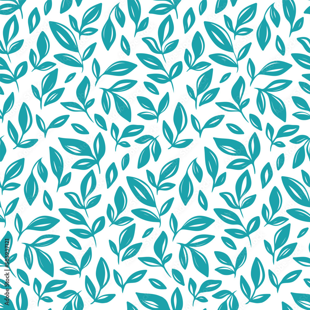 Seamless pattern, hand drawn botanical print with small sketchy leaves. Simple surface design: blue foliage in an abstract arrangement on a white background. Vector illustration. Seamless pattern, hand drawn botanical print with small sketchy leaves. Simple surface design: blue foliage in an abstract arrangement on a white background. Vector illustration.