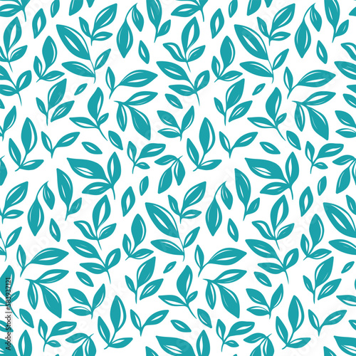 Seamless pattern, hand drawn botanical print with small sketchy leaves. Simple surface design: blue foliage in an abstract arrangement on a white background. Vector illustration.