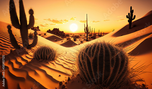  a desert scene with a cactus and other desert plants at sunset. generative ai