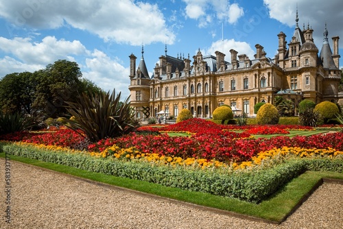 Scenic view of the parterre gardens at Waddesdon manor in full bloom photo