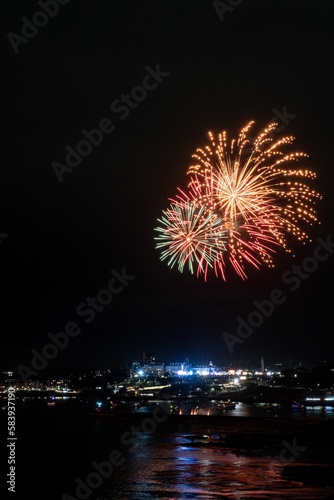 Fireworks from the British fireworks championships exploding over the city of Plymouth, Cornwall. © Pez Photography/Wirestock Creators