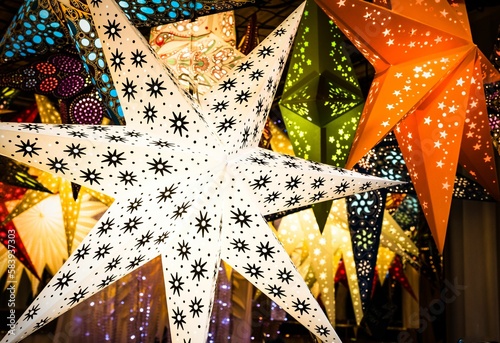 Colorful Christmas star decorations at Bath Christmas Market. photo