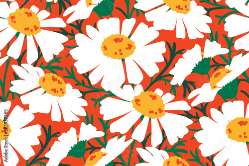 Seamless floral pattern, artistic flower print with large buds of daisies. Cute botanical design with a retro vibe: hand drawn flowers on stems, leaves on a red background. Vector illustration.