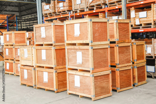 wooden case stack in warehouse photo
