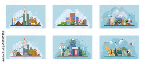 City landfill with garbage. Polluted area, garbage dump background. Earth day. Heaps of waste, stray dogs waste pollution cityscape cartoon backdrop. Junkyard, wasteland. Environment pollution problem