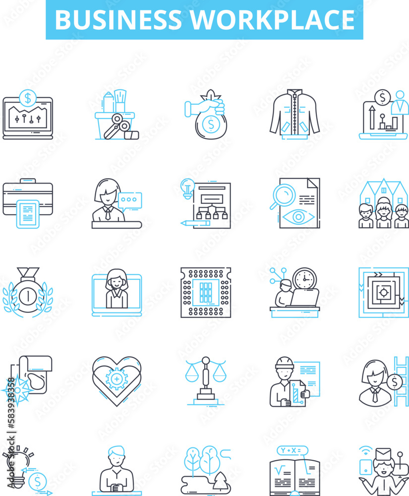 Business workplace vector line icons set. Workplace, Business, Office, Team, Productivity, Employees, Employers illustration outline concept symbols and signs
