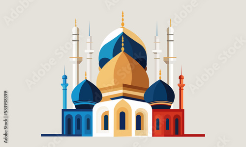 a stylized of a muslim mosque,a flat design of a masjid for Islamic organizations or communities,Beautiful Islam temple icon,crescent and cloud,Vector Illustration,Eid Mubarak greetings,Ramadan Kareem