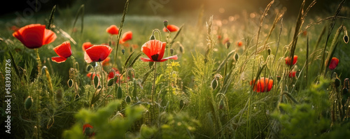 A meadow with poppies at sunset - Generative AI