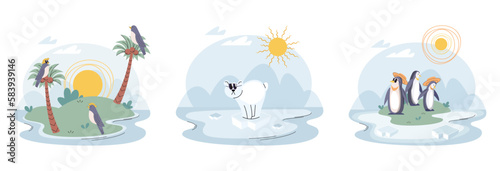 Temperature rising and climate change on planet concept. Melting glaciers due to global warming. Animals around planet Earth are suffering from global warming, bright sun strikes animals and nature