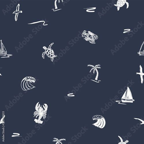 OCEAN NAUTICAL ALL OVER PRINT SEAMLESS PATTERN INCLUDING OCEAN WAVES SAIL SHIP BIRDS LOBSTER TORTOISE PALM TREE