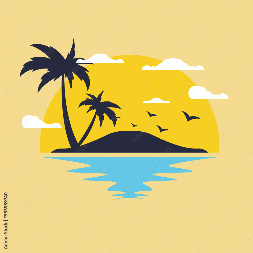 Beach and sea landscape background in flat colors