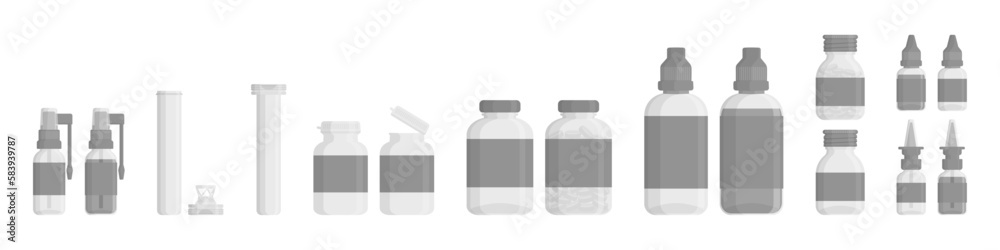 Set of medicine bottles and tablet tubes. Shades of gray, black and white. Flat style vector objects isolated on white background Set of medicine bottles and tablet tubes. Shades of gray, black and white. Flat style vector objects isolated on white background