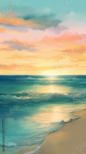 A serene beach with crystal-clear turquoise water, a gentle breeze, and a warm sunset sky AI Generative