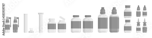 Set of medicine bottles and tablet tubes. Shades of gray, black and white.  Flat style vector objects isolated on white background