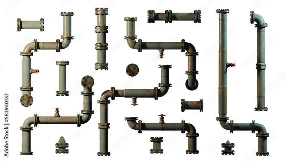 metal pipes with valves, set of connectors and rivets, isolated on transparent background - obrazy, fototapety, plakaty 