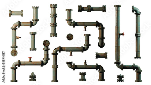 metal pipes with valves, set of connectors and rivets, isolated on transparent background photo