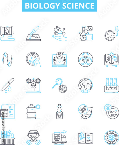 Biology science vector line icons set. Biology, Science, Biochemistry, Cell, Evolution, Genetics, Molecules illustration outline concept symbols and signs