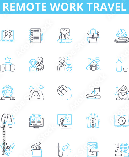Remote work travel vector line icons set. Remote, Work, Travel, Remote-Work, Work-Travel, Telecommuting, Virtual illustration outline concept symbols and signs
