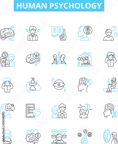 Human psychology vector line icons set. Personality, behavior, cognition, emotions, neuroscience, neuropsychology, psychoanalysis illustration outline concept symbols and signs