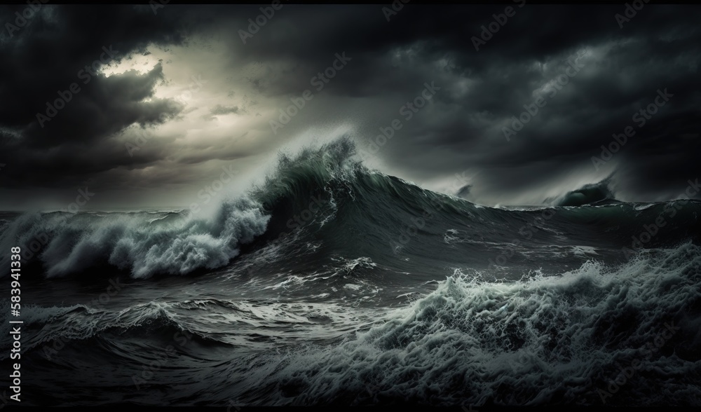 Naklejka premium a large wave in the middle of the ocean with a dark sky above it and a boat in the water with a full moon in the background. generative ai
