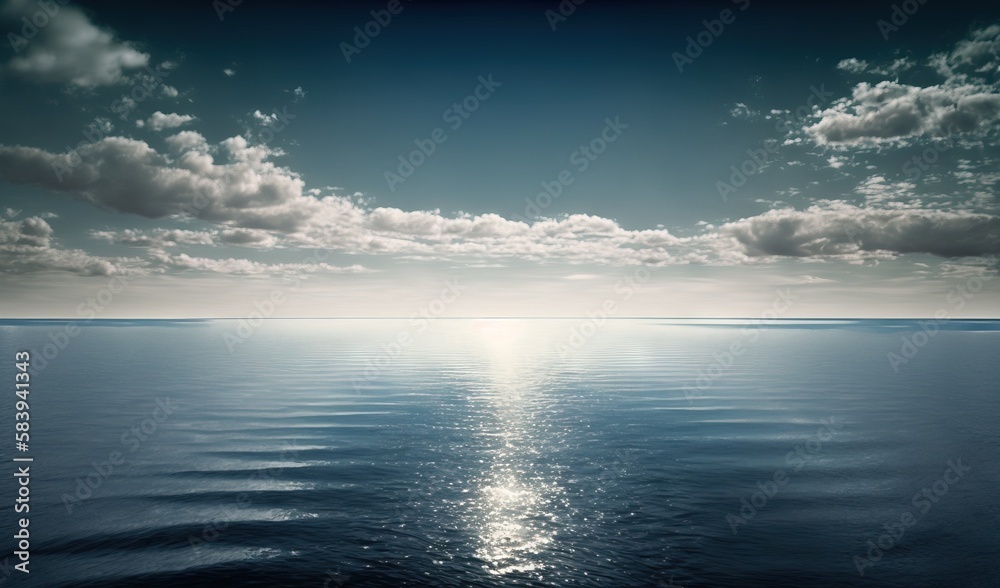  a large body of water under a cloudy sky with sun reflecting on the water and clouds in the sky over the water are white and blue.  generative ai