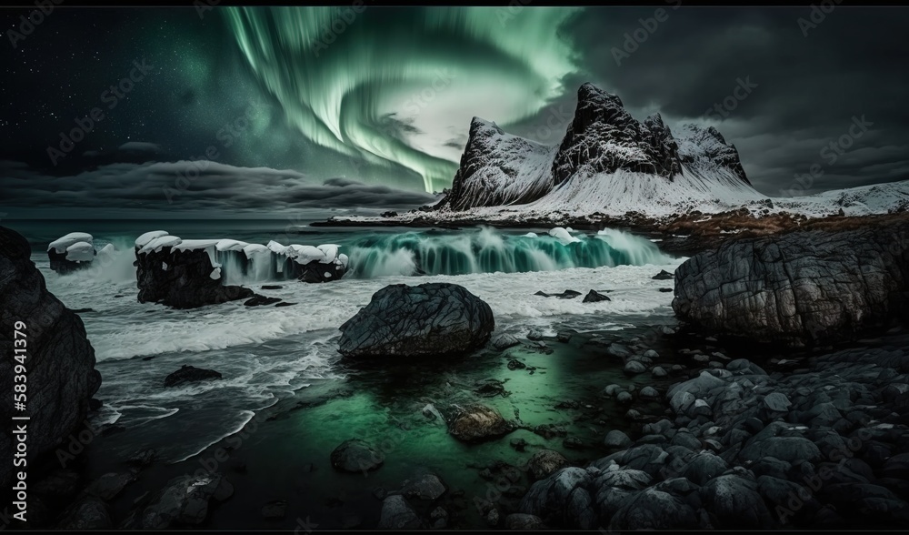  a green and white aurora northern light above mountains.  generative ai
