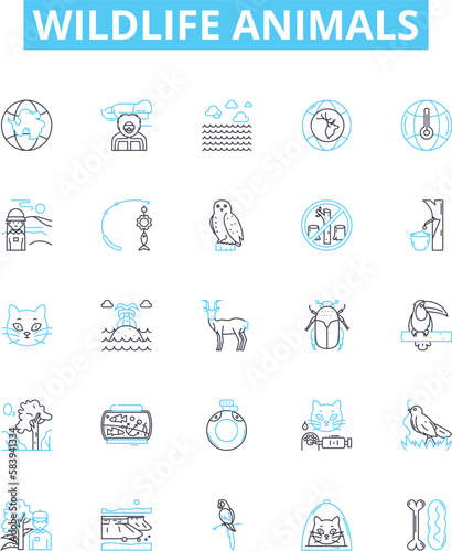 Wildlife animals vector line icons set. Animals, Wildlife, Fauna, Mammals, Birds, Reptiles, Fish illustration outline concept symbols and signs