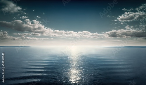  a large body of water under a cloudy sky with sun reflecting on the water and clouds in the sky over the water are white and blue. generative ai
